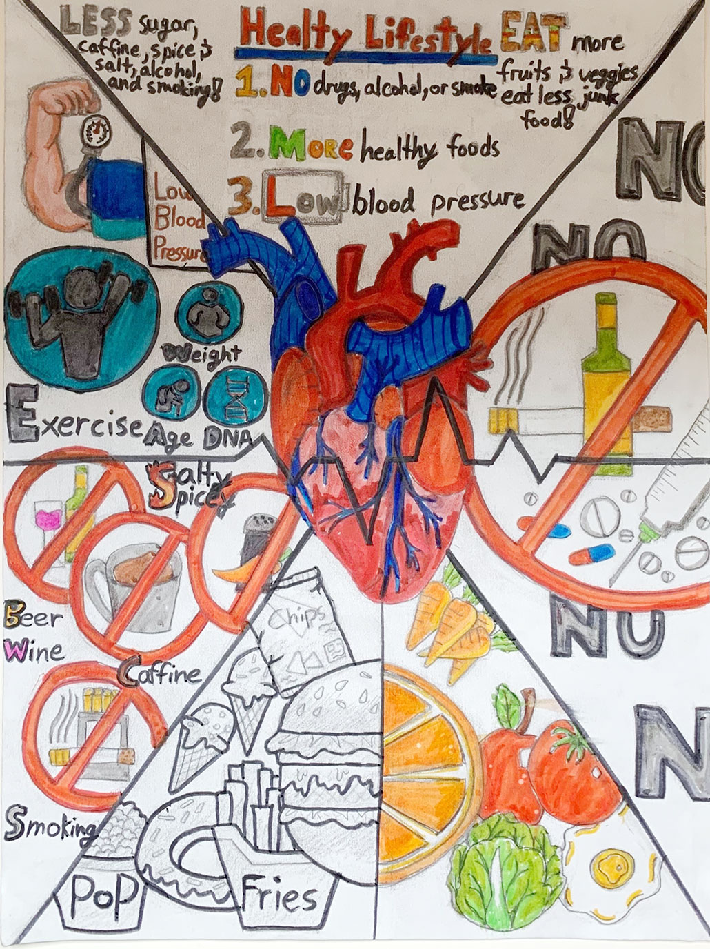 a poster with a hand-drawn anatomically correct heart in the middle, surrounded by other illustrations, such as fruits and vegetables, as well as caffeine, cigarettes and alcoholic beverages all with X's drawn through them