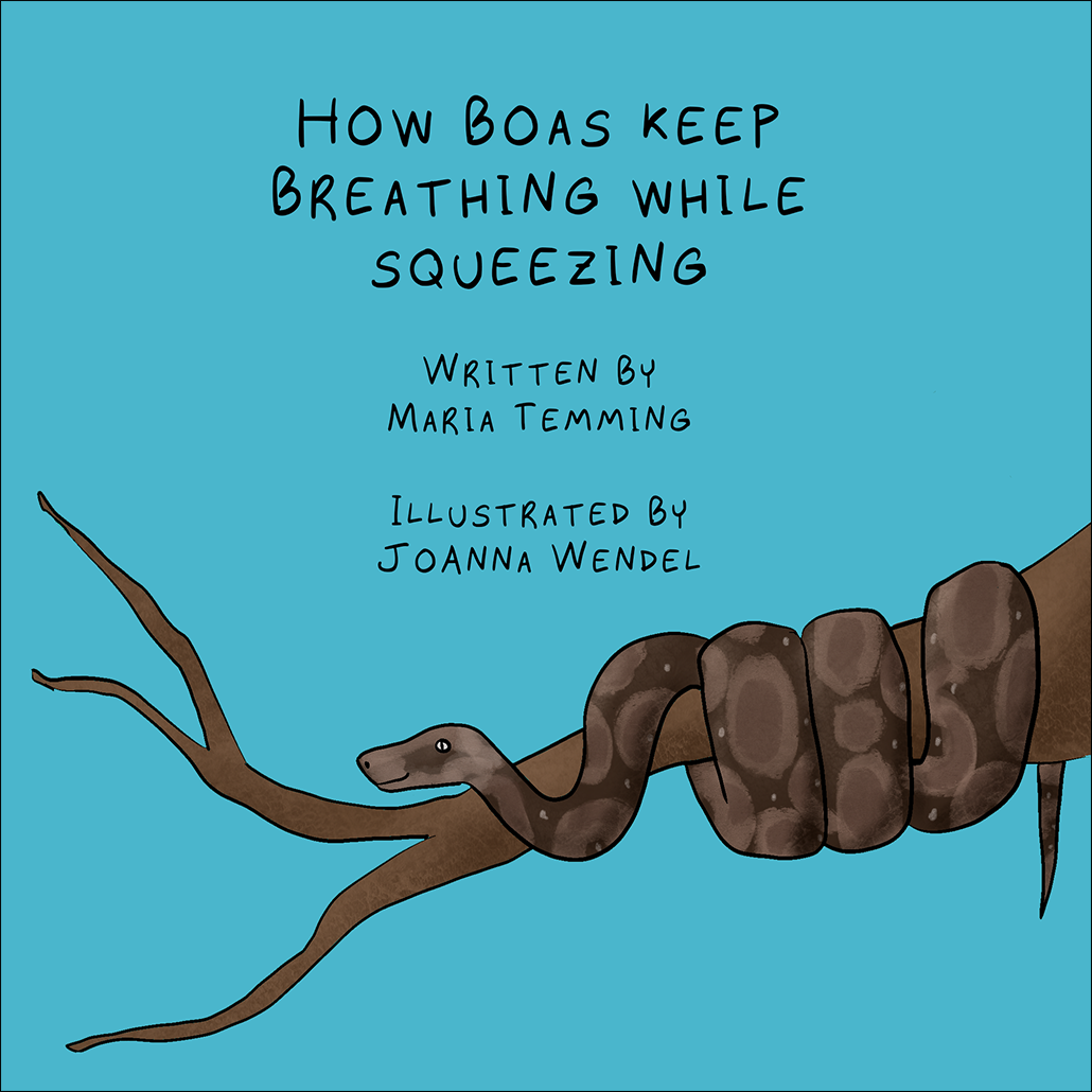 Panel 1. Image: A boa constrictor wrapped around a tree branch against a blue background. Text: How boas keep breathing while squeezing, Written by Maria Temming, Illustrated by Joanna Wendel